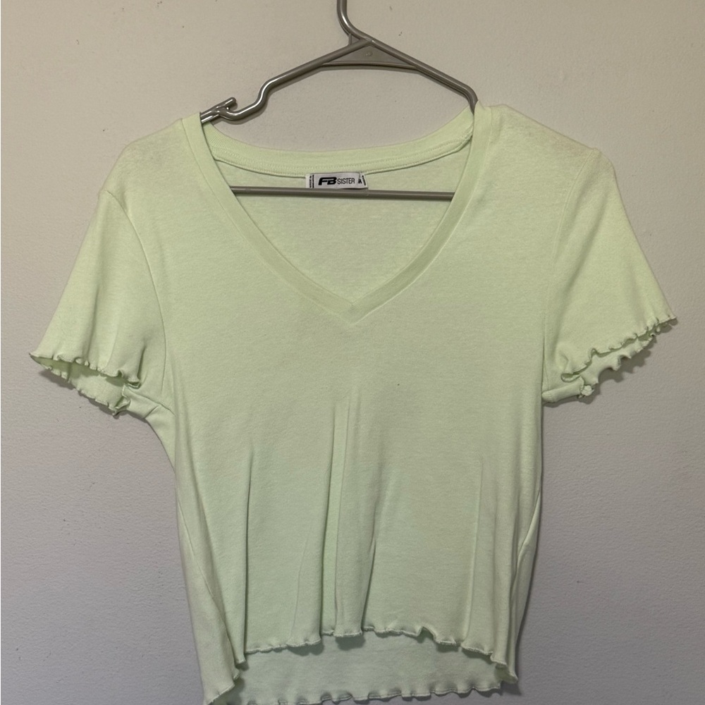 FB Sister Light Green V-Neck Lettuce-Trim Crop Top